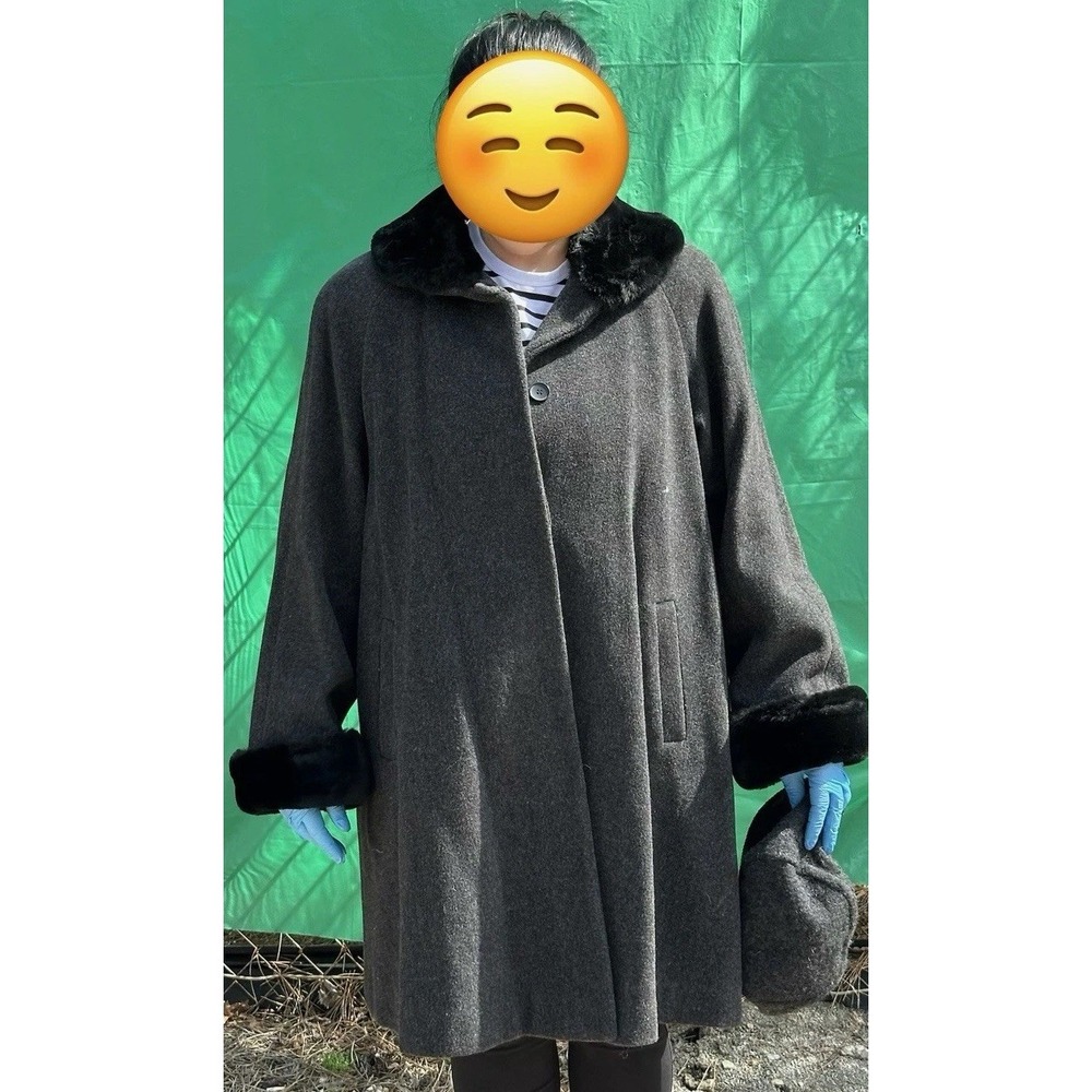Dennis Basso Reversible Coat Faux Fur Wool Blend Black Gray L XL Luxury Hooded